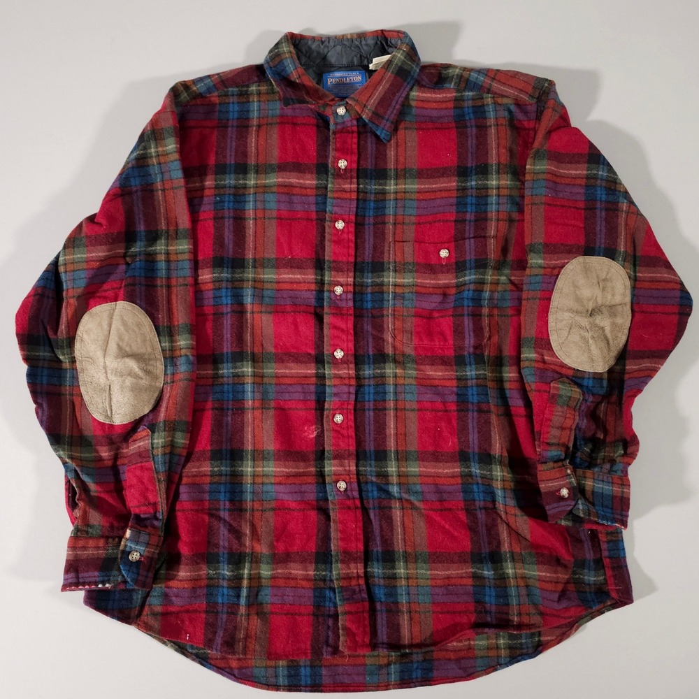 Pendleton Flannel Shirt Mens XL Red Plaid Elbow Patches Wool Button Up USA